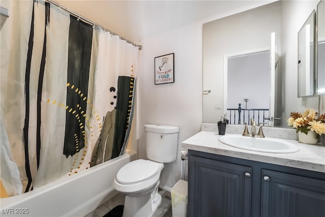 full bathroom with toilet, vanity, and shower / bathtub combination with curtain