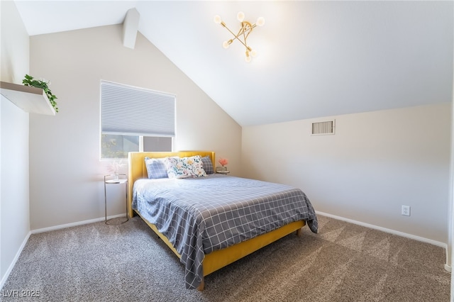 carpeted bedroom featuring baseboards, lofted ceiling, and visible vents