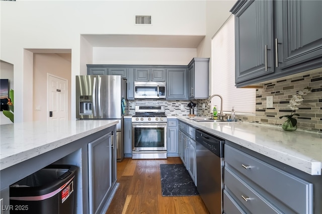 kitchen with light stone counters, a sink, stainless steel appliances, visible vents, and dark wood-type flooring