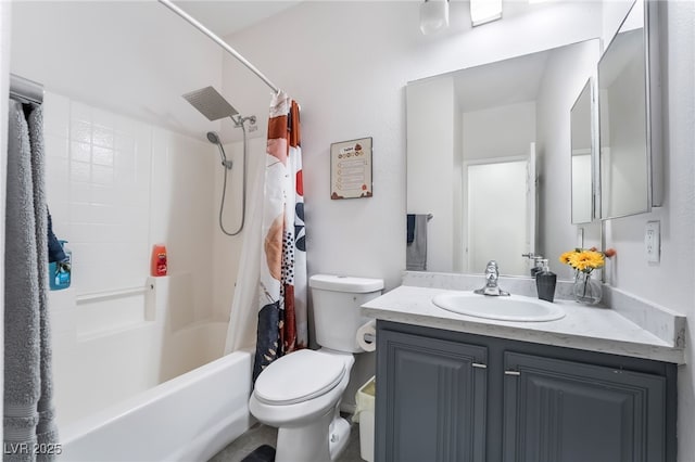 full bath featuring toilet, shower / bath combo with shower curtain, and vanity