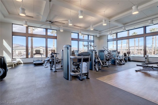 2114 Cold Canyon Ave, North Las Vegas, NV 89086 - exercise room featuring ceiling fan, a high ceiling, and coffered ceiling