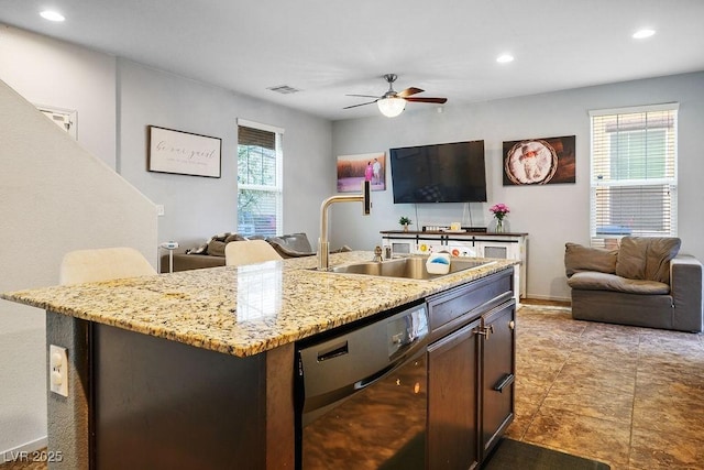 kitchen with a sink, a ceiling fan, black dishwasher, visible vents, and recessed lighting