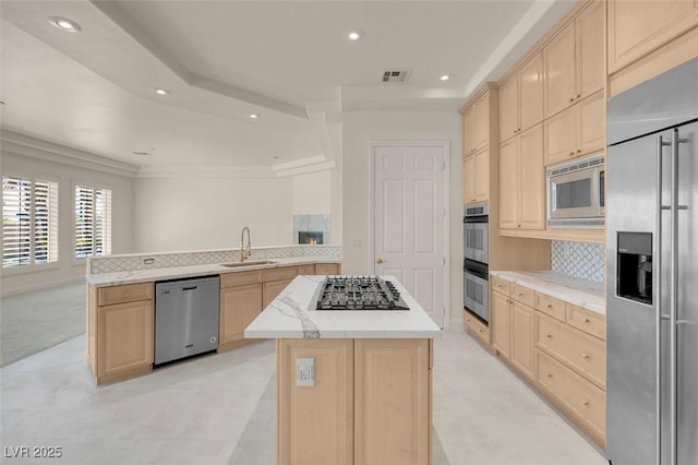 2290 Casa Bella Ct, Las Vegas, NV 89117 - kitchen with built in appliances, light brown cabinets, a peninsula, backsplash, and recessed lighting