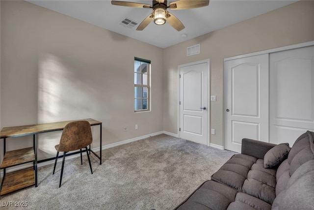 12283 Lost Treasure Ave, Las Vegas, NV 89138 - carpeted home office featuring baseboards, ceiling fan, and visible vents