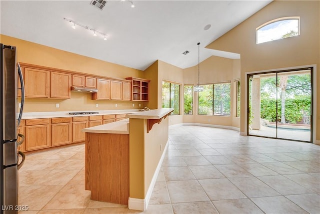 812 Eaglewood Dr, Las Vegas, NV 89144 - kitchen with appliances with stainless steel finishes, high vaulted ceiling, healthy amount of natural light, light countertops, and light tile patterned flooring