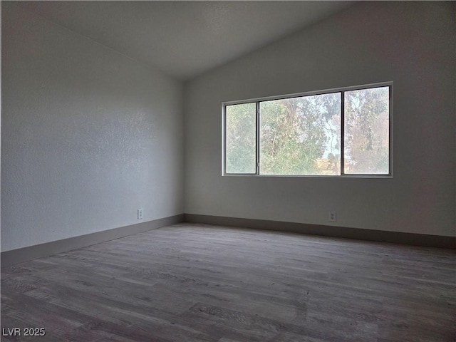 spare room with wood finished floors, baseboards, and vaulted ceiling