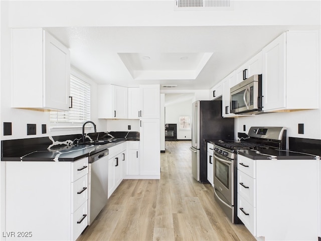kitchen with white cabinets, dark countertops, a sink, a raised ceiling, and stainless steel appliances