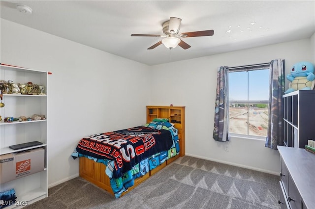 bedroom featuring carpet flooring, ceiling fan, and baseboards