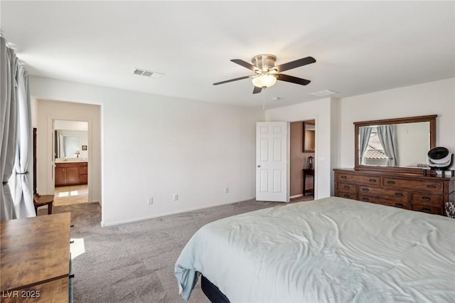 bedroom with visible vents, a ceiling fan, and carpet