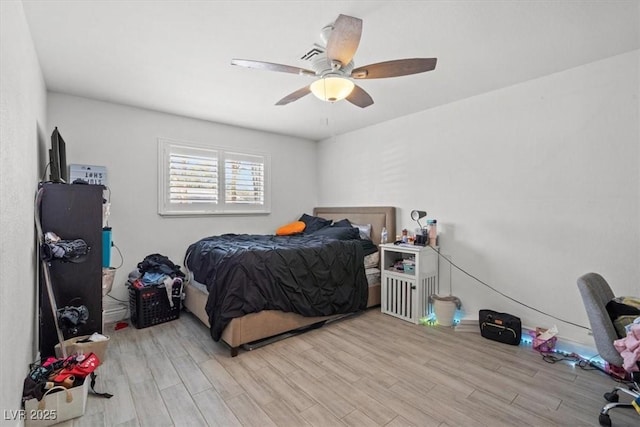 bedroom with ceiling fan and wood finished floors