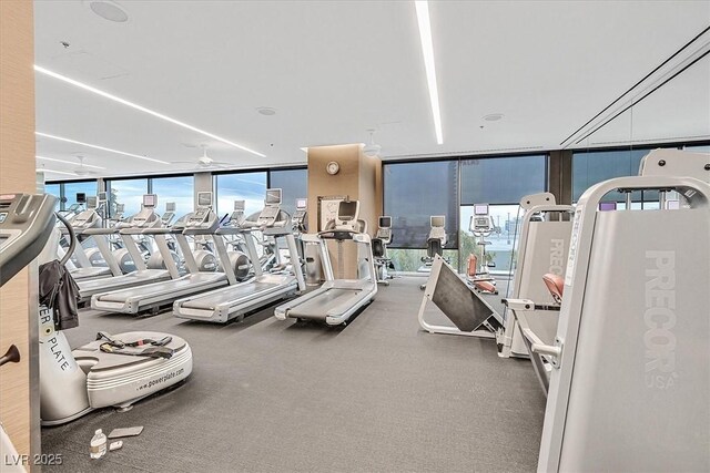 4381 W Flamingo Rd Unit 1609, Las Vegas, NV 89103 - exercise room featuring floor to ceiling windows and a ceiling fan