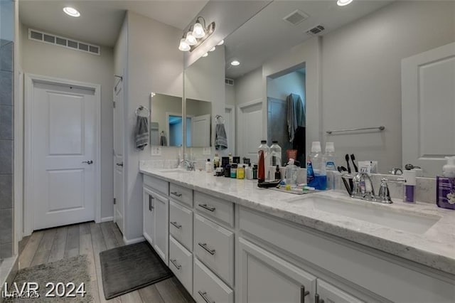 bathroom with wood finished floors, a sink, and visible vents