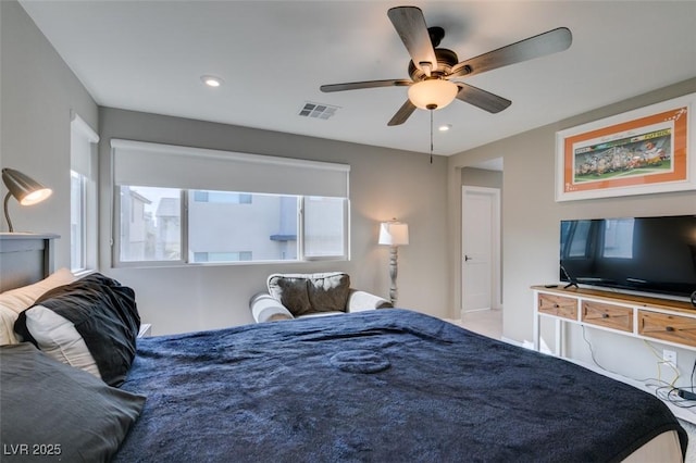bedroom featuring visible vents, recessed lighting, and ceiling fan