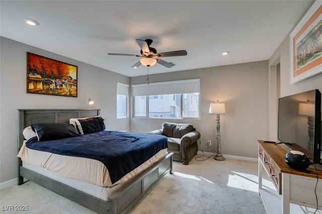 bedroom featuring baseboards, a ceiling fan, recessed lighting, and light carpet