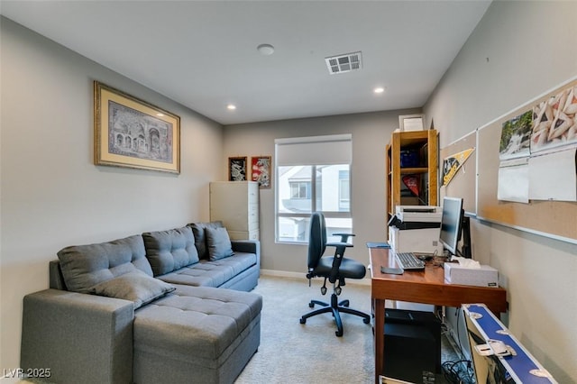 carpeted home office featuring visible vents and recessed lighting