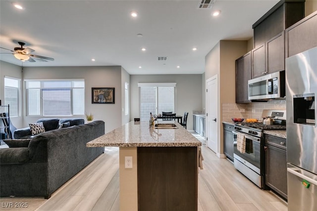 kitchen with visible vents, a sink, light wood finished floors, open floor plan, and stainless steel appliances