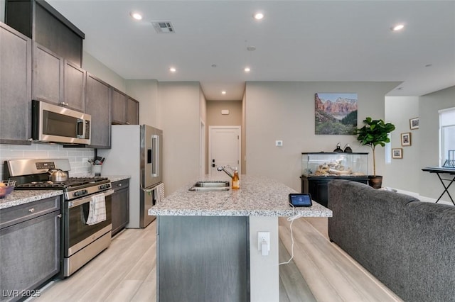 kitchen featuring visible vents, appliances with stainless steel finishes, a center island with sink, a sink, and light wood-style floors