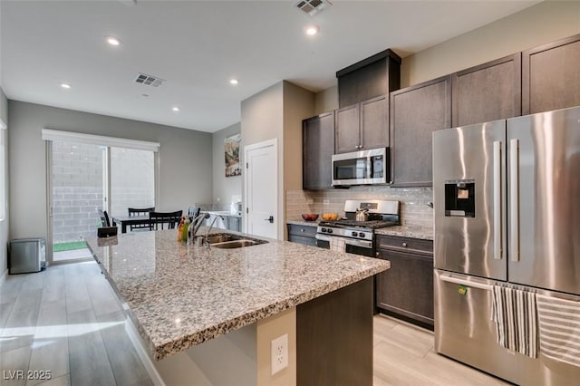 kitchen with visible vents, a sink, light wood finished floors, and appliances with stainless steel finishes