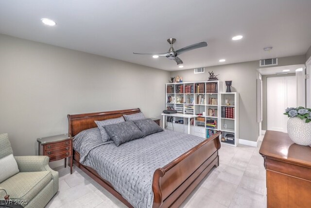 bedroom featuring visible vents, recessed lighting, and ceiling fan