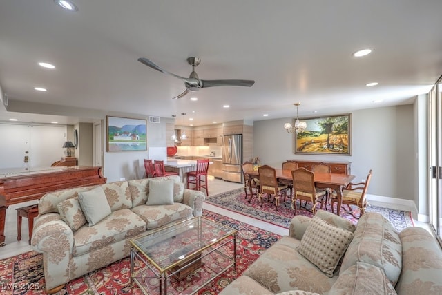 205 E Harmon Ave Unit 1007, Las Vegas, NV 89169 - living room with recessed lighting, a ceiling fan, a chandelier, and baseboards