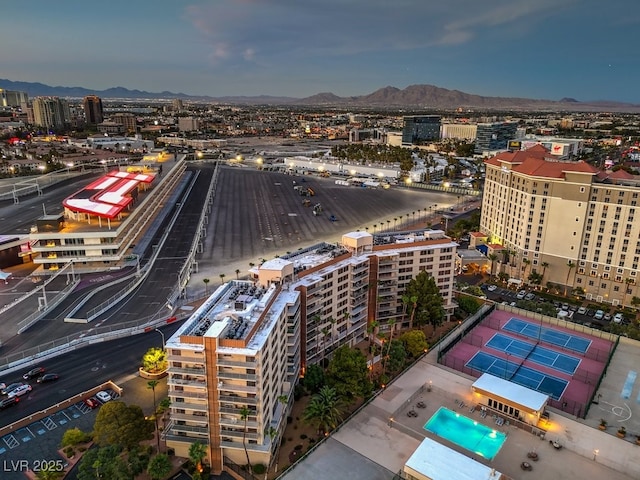 bird's eye view with a view of city and a mountain view