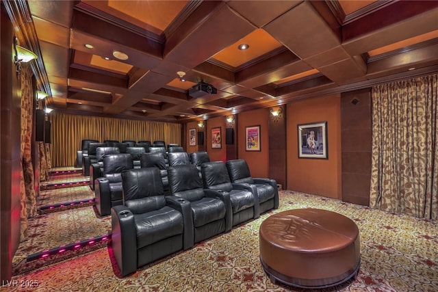 carpeted home theater featuring beam ceiling, coffered ceiling, and crown molding