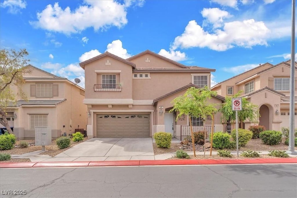 mediterranean / spanish house with cooling unit, concrete driveway, stucco siding, and an attached garage