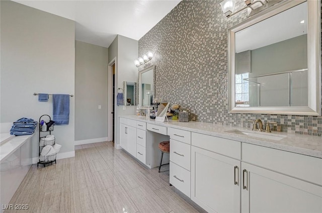 10840 Rosin Jaw St, Las Vegas, NV 89183 - bathroom with a sink, an enclosed shower, and tasteful backsplash
