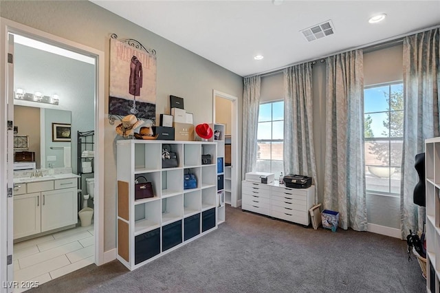 10840 Rosin Jaw St, Las Vegas, NV 89183 - bedroom featuring recessed lighting, ensuite bathroom, carpet floors, visible vents, and a sink