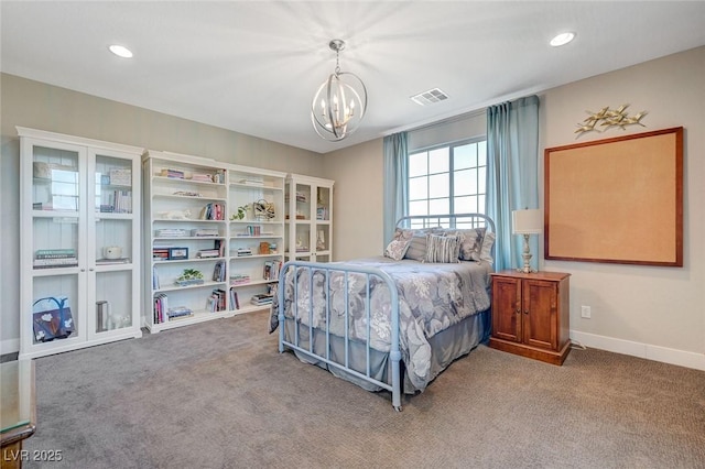 10840 Rosin Jaw St, Las Vegas, NV 89183 - bedroom with an inviting chandelier, visible vents, recessed lighting, carpet flooring, and baseboards