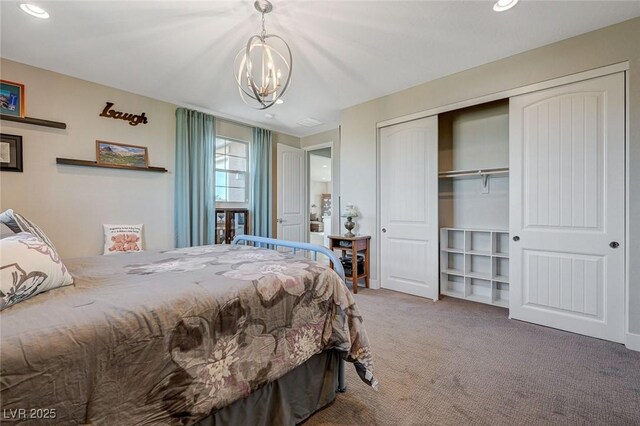 10840 Rosin Jaw St, Las Vegas, NV 89183 - carpeted bedroom featuring a closet, recessed lighting, and a chandelier