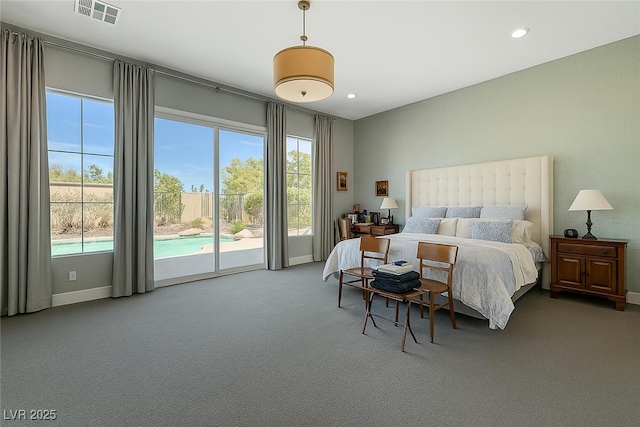 10840 Rosin Jaw St, Las Vegas, NV 89183 - carpeted bedroom with access to outside, baseboards, visible vents, and recessed lighting