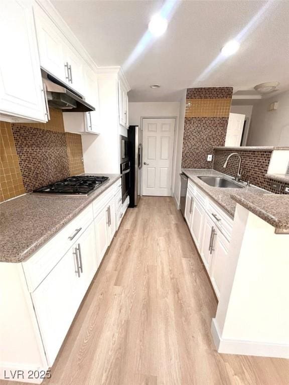 kitchen featuring white cabinetry, under cabinet range hood, a sink, light wood finished floors, and stainless steel appliances