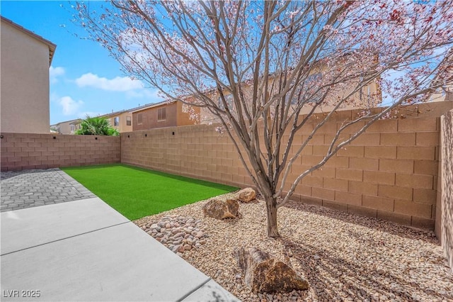 view of yard with a fenced backyard and a patio