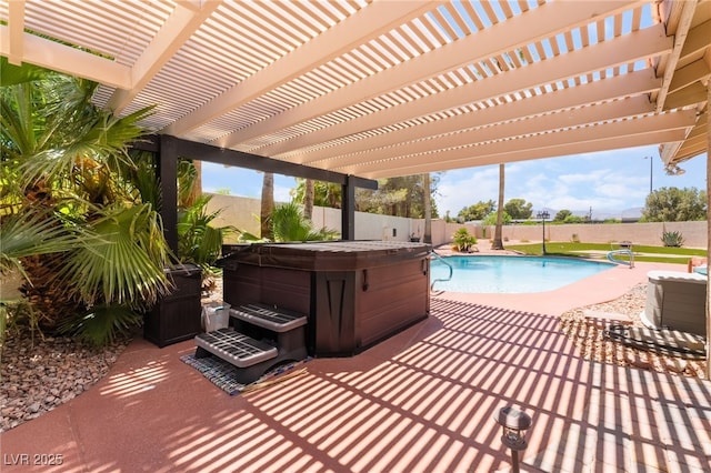 5217 Cold River Ave, Las Vegas, NV 89130 - view of swimming pool featuring a hot tub, a fenced backyard, a patio, and a pergola