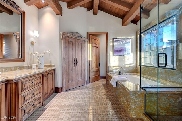 15 Rue Du Rivoli Pl, Henderson, NV 89011 - full bath featuring wood ceiling, vanity, a garden tub, tile patterned flooring, and a stall shower