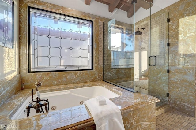 15 Rue Du Rivoli Pl, Henderson, NV 89011 - full bathroom with a shower stall, a whirlpool tub, and beam ceiling