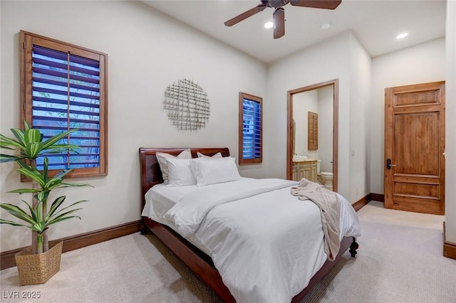 15 Rue Du Rivoli Pl, Henderson, NV 89011 - bedroom with carpet, recessed lighting, ensuite bathroom, and a ceiling fan