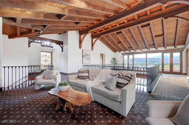 15 Rue Du Rivoli Pl, Henderson, NV 89011 - living room with a wood ceiling with exposed beams, carpet flooring, high vaulted ceiling, and french doors