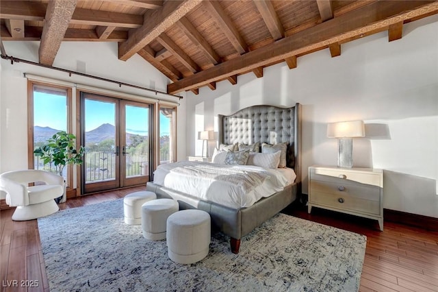 15 Rue Du Rivoli Pl, Henderson, NV 89011 - bedroom with access to outside, wooden ceiling, french doors, hardwood / wood-style flooring, and a mountain view