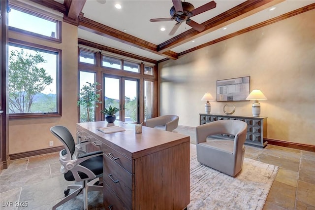 15 Rue Du Rivoli Pl, Henderson, NV 89011 - office featuring healthy amount of natural light, ornamental molding, stone tile floors, a ceiling fan, and french doors