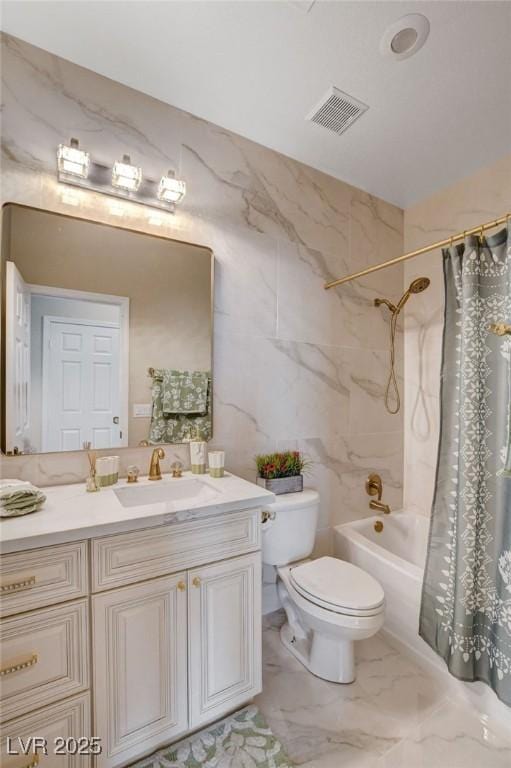 10550 Patrington Ct, Las Vegas, NV 89183 - full bathroom featuring toilet, visible vents, marble finish floor, shower / bathtub combination with curtain, and vanity