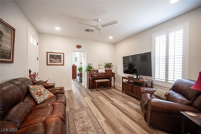 5815 Pristine Falls Ave, Las Vegas, NV 89131 - living area with light wood-style flooring, a ceiling fan, recessed lighting, and baseboards