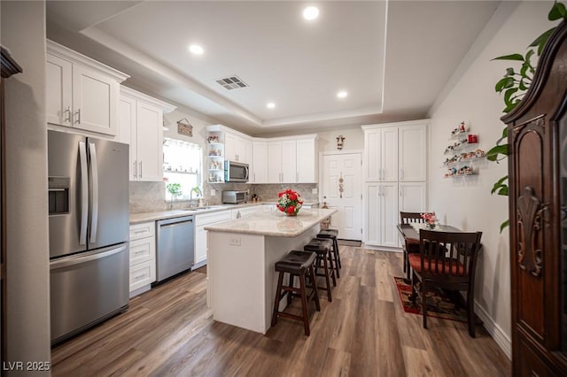 5815 Pristine Falls Ave, Las Vegas, NV 89131 - kitchen with stainless steel appliances, a tray ceiling, backsplash, white cabinetry, and recessed lighting