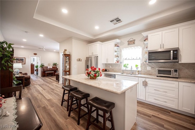 5815 Pristine Falls Ave, Las Vegas, NV 89131 - kitchen featuring stainless steel appliances, a sink, open shelves, recessed lighting, and a tray ceiling