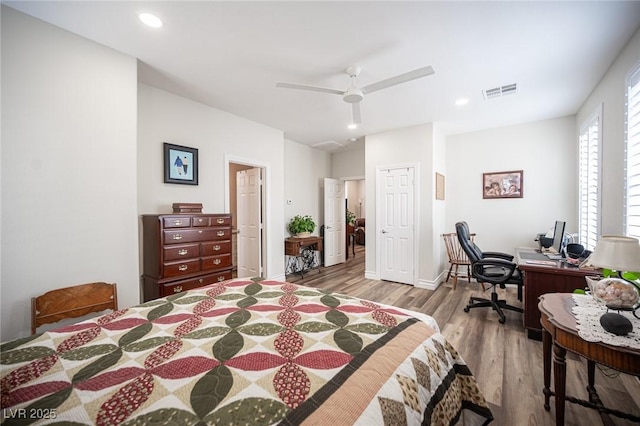 5815 Pristine Falls Ave, Las Vegas, NV 89131 - bedroom featuring wood finished floors, an office area, recessed lighting, and ceiling fan