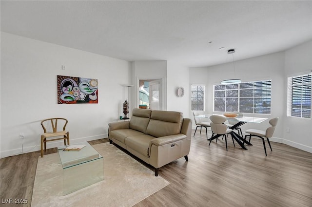 living area featuring baseboards, wood finished floors, and a healthy amount of sunlight
