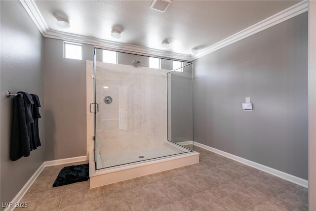 363 Terrill Ave, Las Vegas, NV 89183 - bathroom with a stall shower, baseboards, visible vents, and crown molding