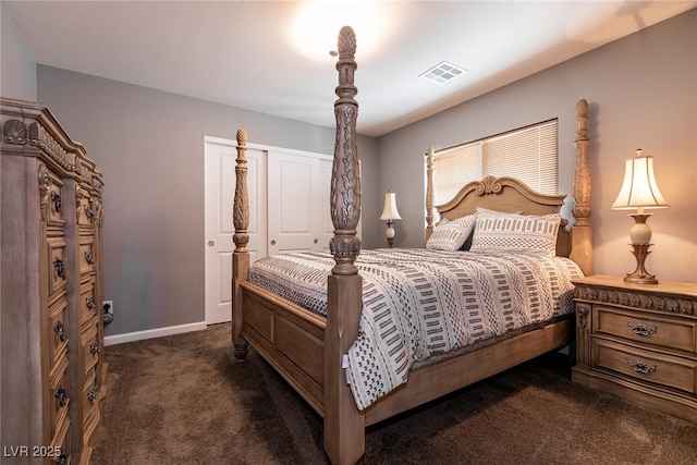 363 Terrill Ave, Las Vegas, NV 89183 - bedroom with baseboards, visible vents, a closet, and dark colored carpet