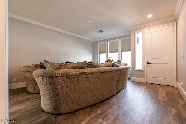 363 Terrill Ave, Las Vegas, NV 89183 - living room featuring dark wood-style floors, ornamental molding, and visible vents